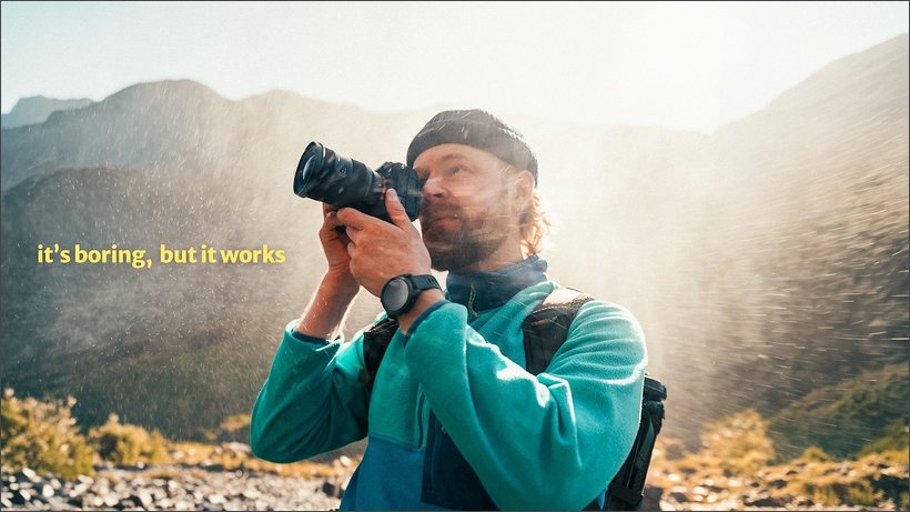 Before: small quiet text line blends into a bright hazy background, creator mid-frame