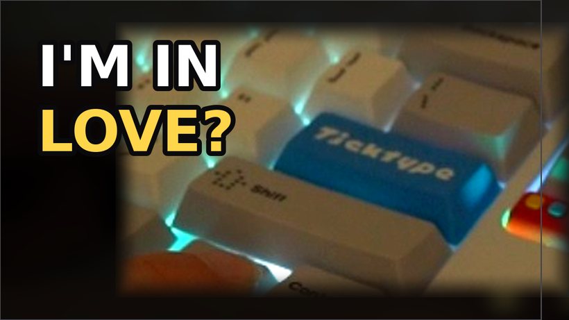 After: one keycap in macro fills half the frame, dark background, two outline words