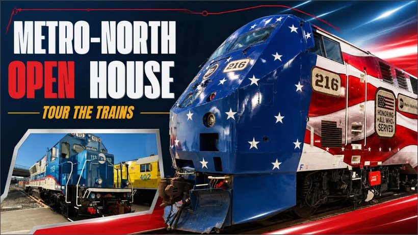 Before: locomotive shares the frame with four text blocks in three fonts and an inset photo