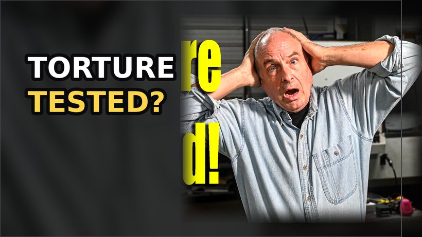 After: the host's reaction fills the frame, two outline words, dark blurred workshop behind